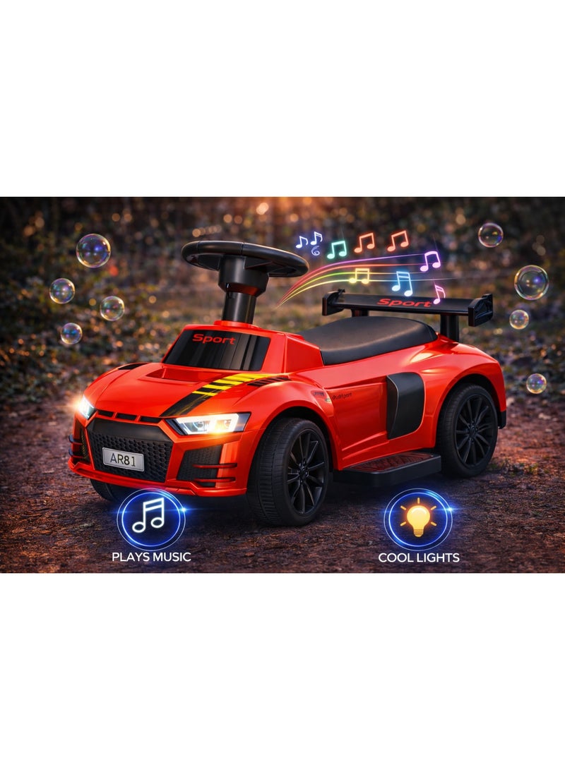 Starmarz "The StarMarz Red Sports Ride-On Car is a fun, stylish, and safe foot-to-floor ride-on toy designed for toddlers aged 1–4 years.  Its sharp racing-car style, complete with a rear spoiler, sporty decals, and bold red finish, makes it a favorite for every child who loves cars.  The 4-wheel stable design helps toddlers ride safely and confidently. The silent EVA wheels glide smoothly across indoor and outdoor surfaces without scratching your floors.  A comfortable wide seat and strong backrest provide support for younger children during long play sessions.  Kids control the car by pushing with their feet, helping improve balance, leg strength, and motor skills.  Made from strong, child-safe materials, this ride-on car is perfect for home, nursery, and outdoor fun.  Ideal for birthdays, Eid gifts, or any special occasion — a stylish sports ride-on that kids will love." - Image 3